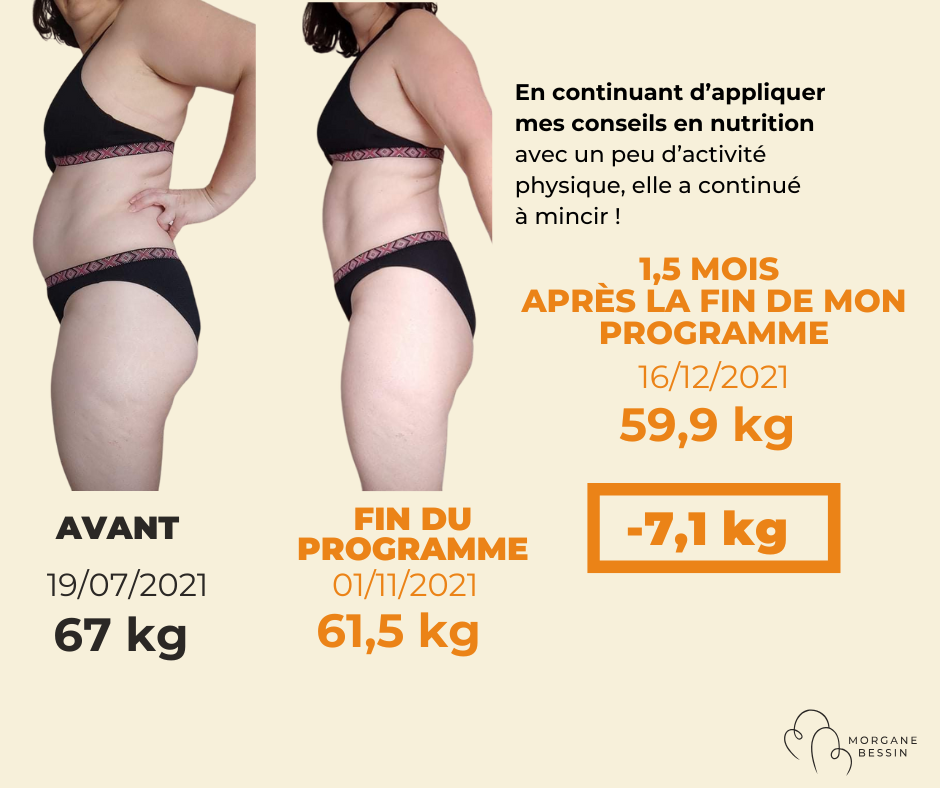 Photos avant après d'une cliente qui a perdu 7,1kg avec mon programme dégomme tes kilos !