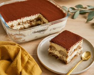 Part de tiramisu IG bas sans sucre raffiné dans un plat en verre, servi sur assiette beige avec cuillère dorée