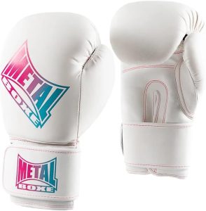 Paire de gants de boxe pour femme marque française Metal Boxe de couleur blanche, rose et bleus